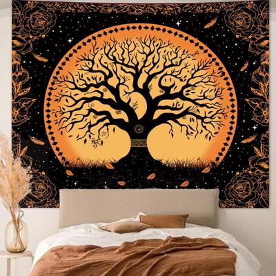 Tree of Life Vintage Tapestry for Bedroom Aesthetic, Boho Moon Floral Stars Wall Hanging, Hippie Black and Orange Nature Tree