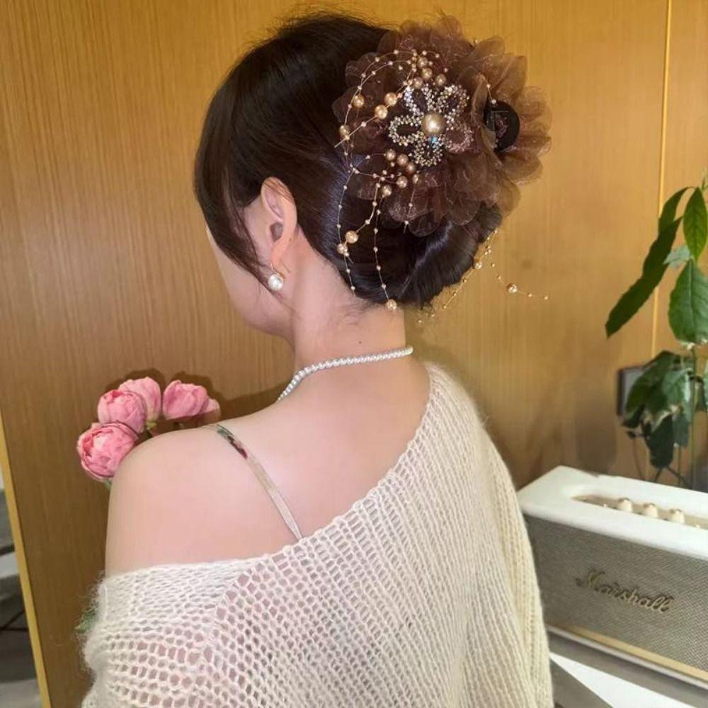 Mesh Sunflower Hair Claws Pearl Tassel Hair Gripper Elegant Shark Hairpins  Women Headdress