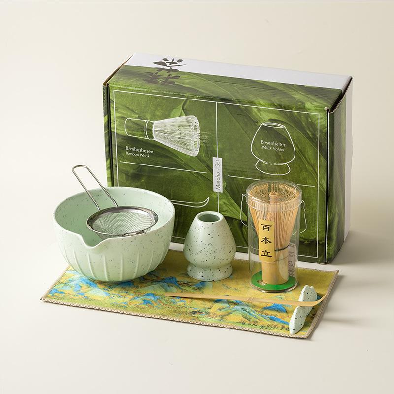 Zestaw Japońskiej Matchy 4/7 Szt. z Wypukłą Ceramiczną Miseczką, Bambusową Ubijaczką Matcha i Łyżeczką do Herbaty do Samodzielnego Robienia Herbaty, Akcesoria