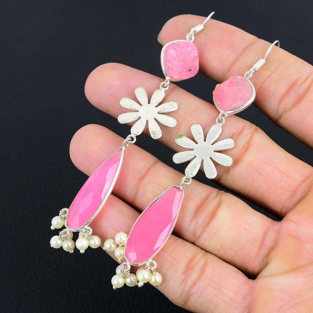 Daughters Day Sale Pink Chalcedony Stone Boho Dangle Sister Earrings 925 Silver