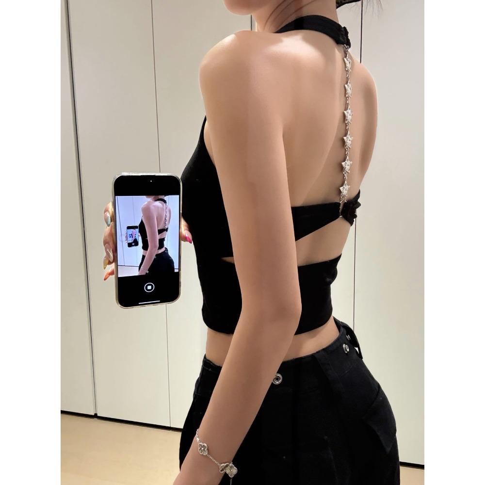 Chain Halter Camisole Sexy Backless Beauty Back Tank Top With Built-in Bra Hollow Out Bralette For Outer Wear