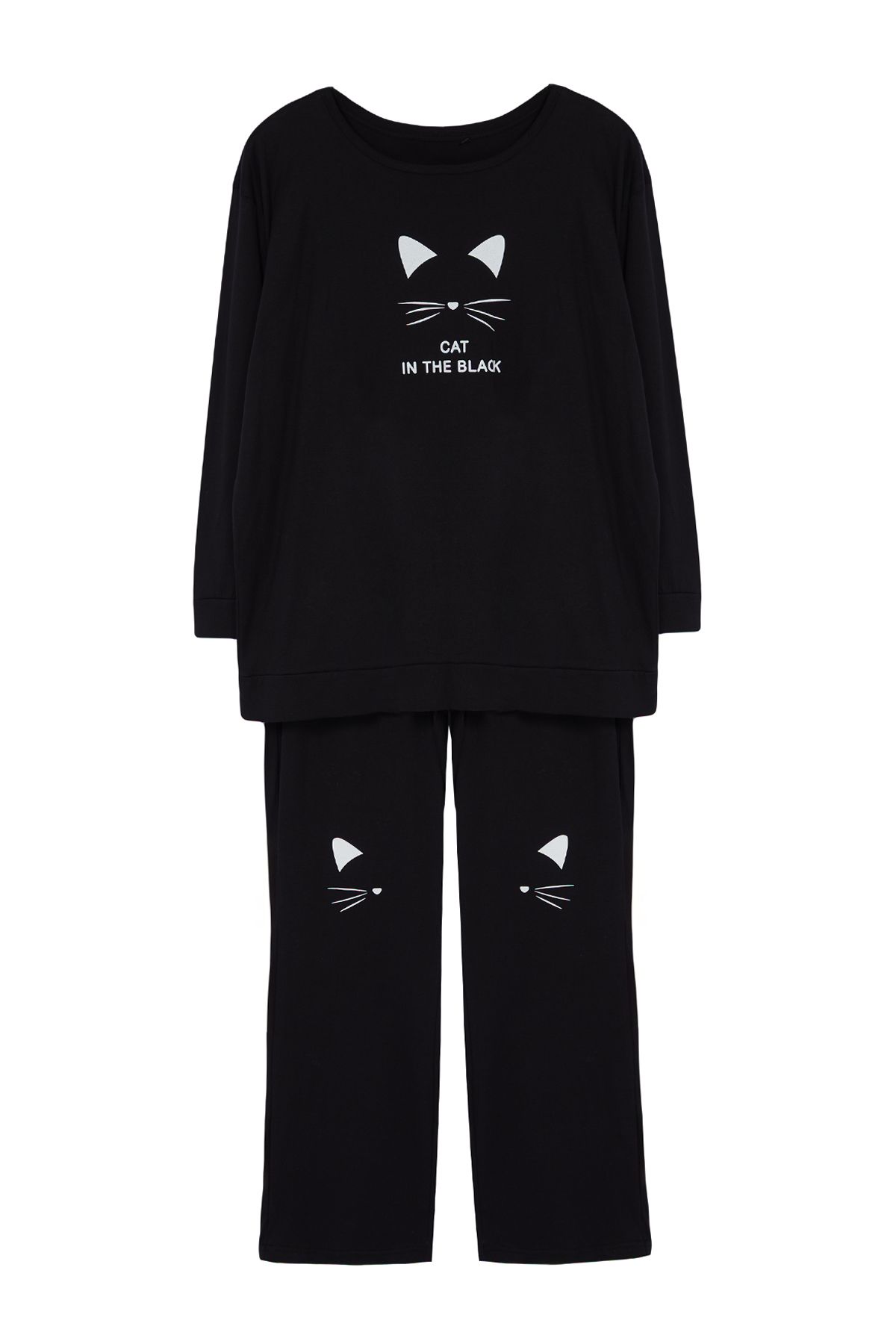 

Women s Plus Size Pajama Set Black Cat Printed 2 Yarn Knitted Pajama Set 2XL
