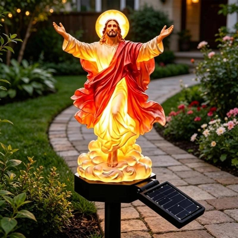 Religious Figurine Solar Lamp Statue for Garden Lawn Border, Resin Yard Stake Sculpture with Warm Light for Flower Bed and Outdoor Entry Use