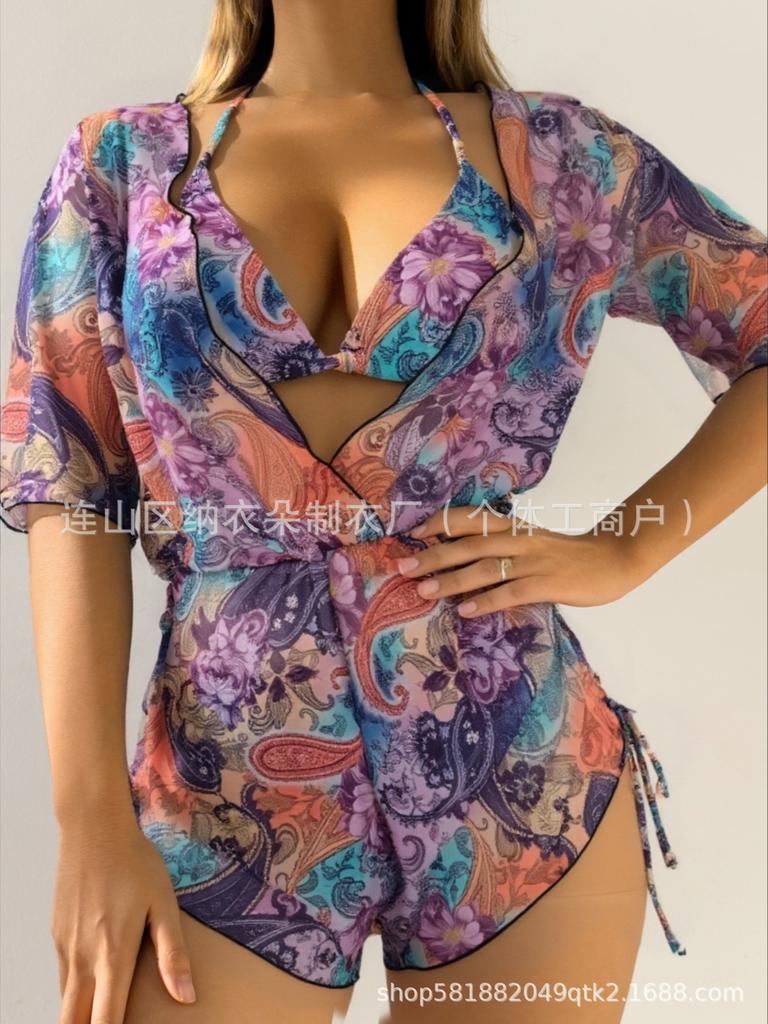 Swimsuit Beach Sunscreen Tropical Plant Printed Blouse Swimsuit Women's Three-piece Neck Bikini