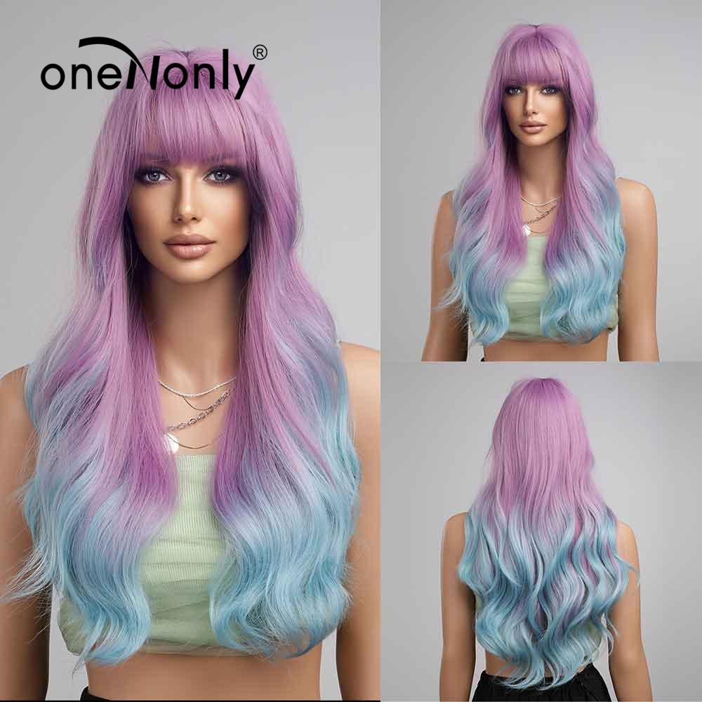 oneNonly Long Body Wave Ombre Brown Pink Synthetic Wigs with Bangs Natural Wave for Women Cosplay Natural Wig Heat Resistant