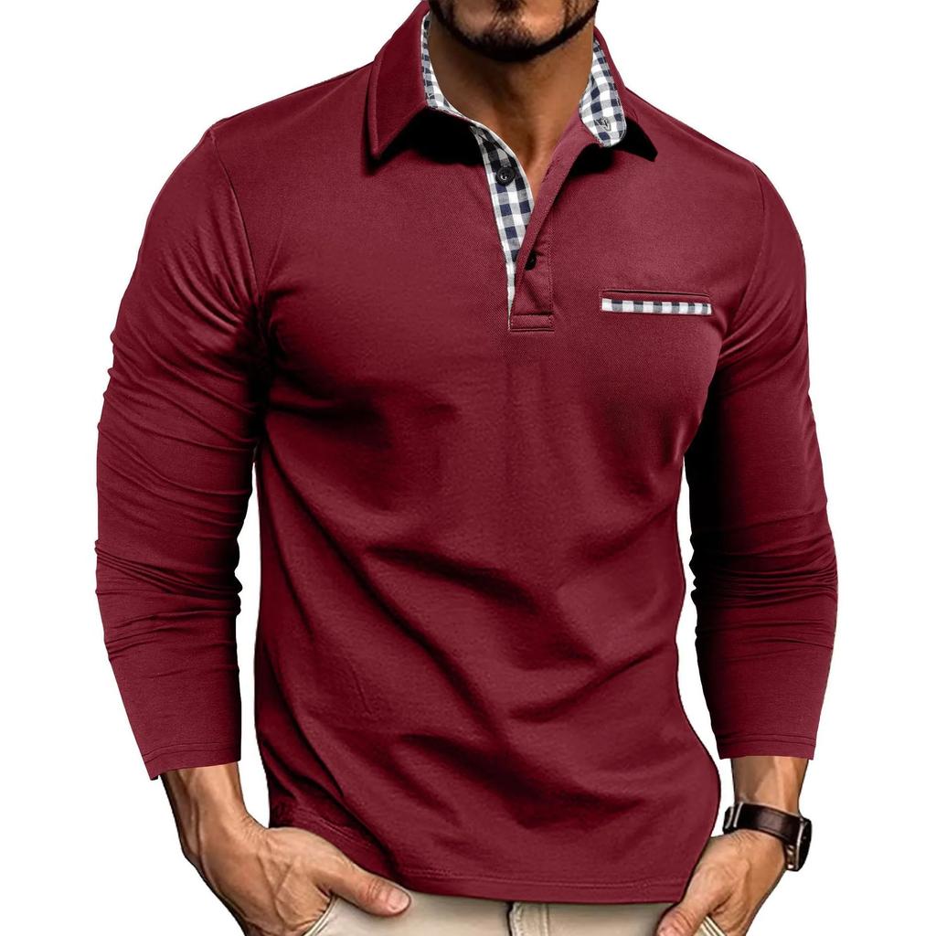 Camisa Polo de Manga Larga con Ribete a Cuadros, Elegante Top Casual para Hombre