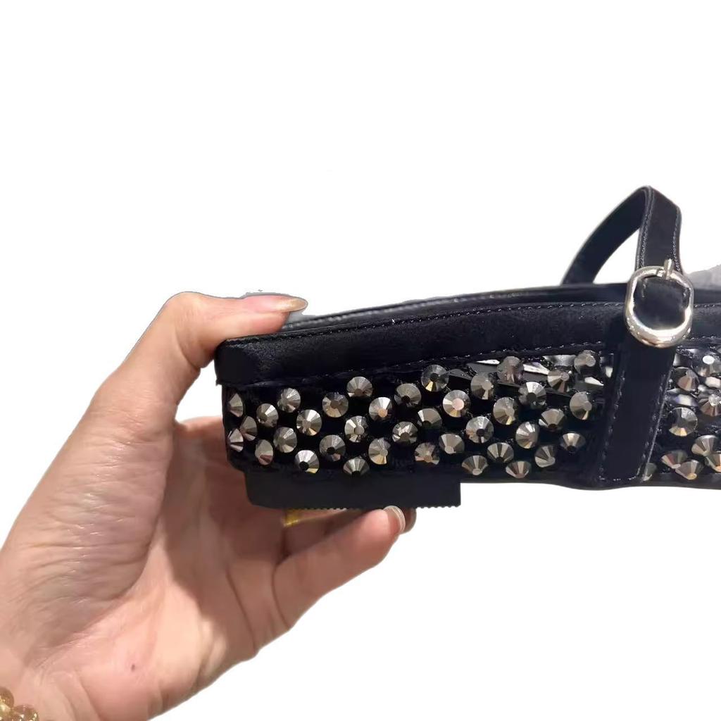 Inner Heightening Rhinestone Golden Fishing Net Bag Head Half Slippers Women's 2025 Summer New Thick-bottomed Mary Jane French Sandals