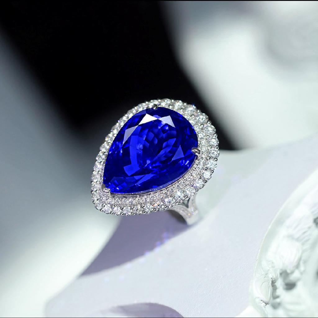 Nischen-High-End-Design Saphirfarbe Schatz Wassertropfenring Damen-Öffnungstemperament Vielseitiger Ring Luxus Exquisit