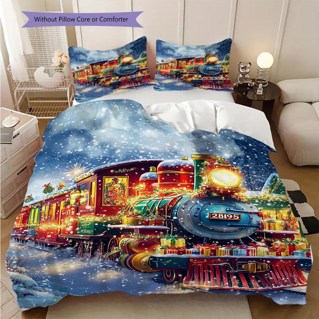 Train Pattern Bedding Quilt Set Quilt Cover Pillowcase Home Decoration Birthday Gift (1 * duvet cover + 2 * pillowcase, without core)