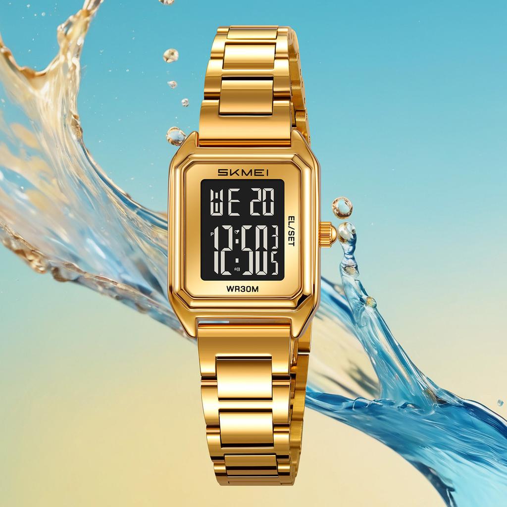 Fashion Women's Steel Belt Electronic Watch Large Screen Square Multi-function Watch Luminous Countdown Electronic Watch