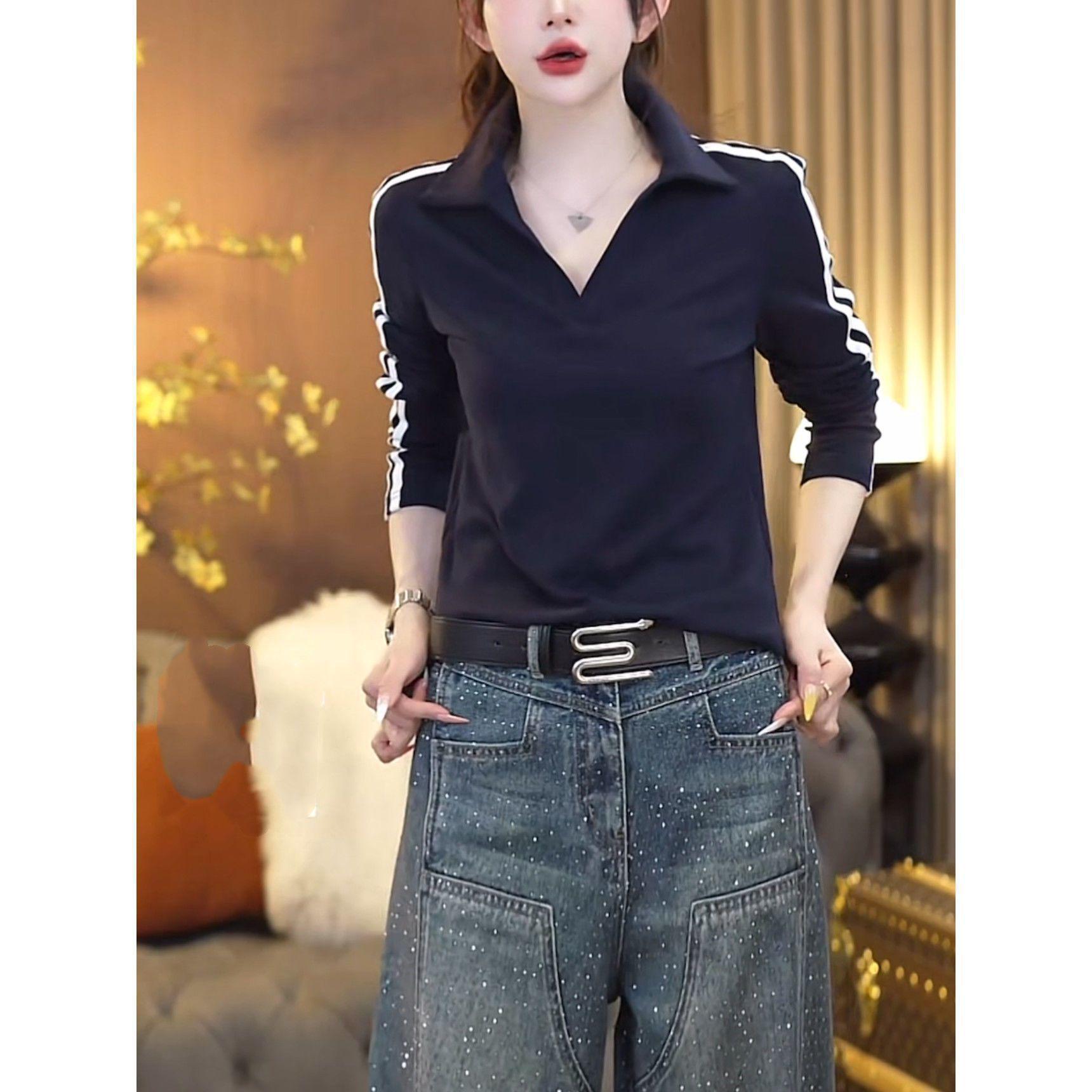 Women s Plus Size Striped V-Neck Slimming Top - Stylish Spring 2025 Fashion S темно-синий