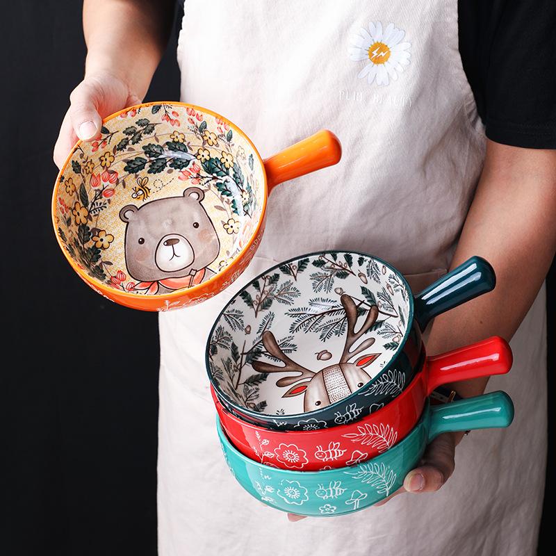 Ceramic Hand Painted Handle Bowl Creative Cartoon Breakfast Salad Bowl With Handle Gratin Bowl Baking Bowl Breakfast Bowl