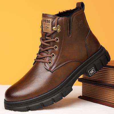 Fashion Warm Plush Fur Winter Boots for Men Fashion Brand Lace Up Ankle Boots High Top Mens Shoes Simple Non-Slip Male Motorcycle Boots