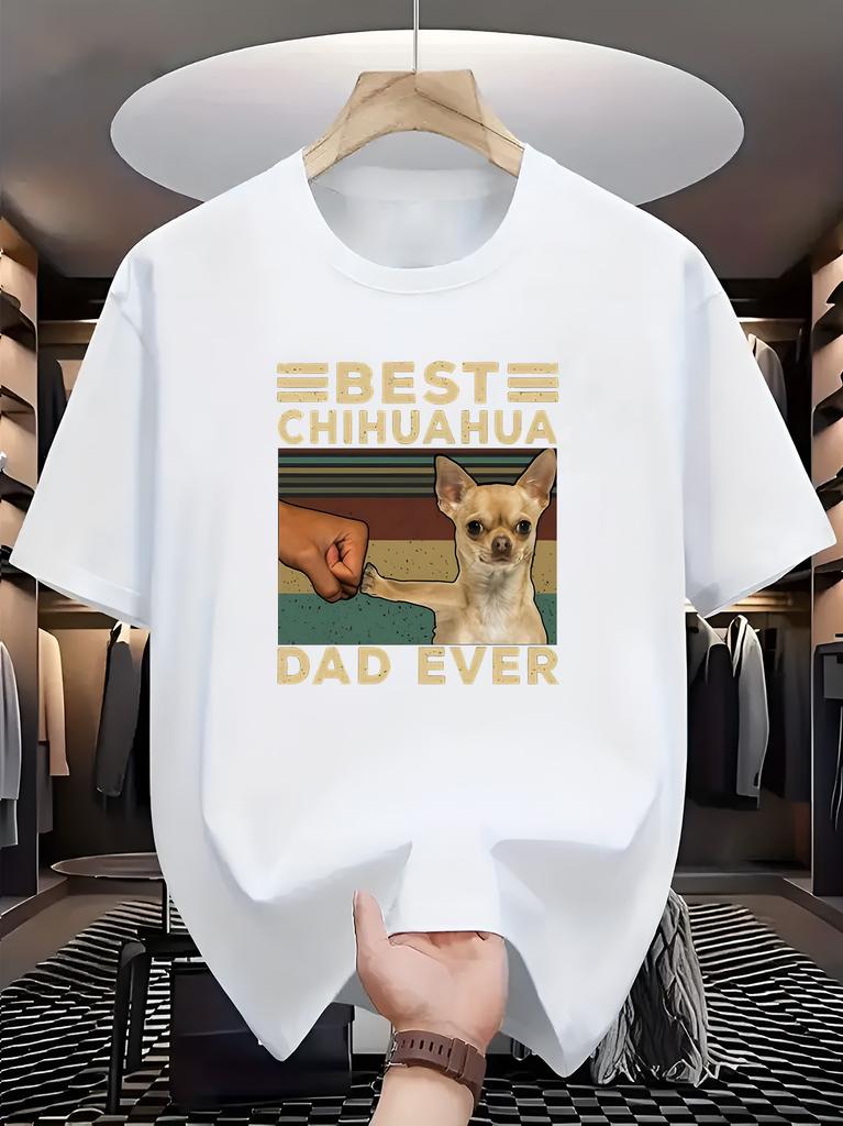 Unisexs Vintage Cotton Tee Best Chihuahua Dad Ever Retro Stripe Fist Bump Dog Print Pet Lover Male Short Sleeve Gift Top