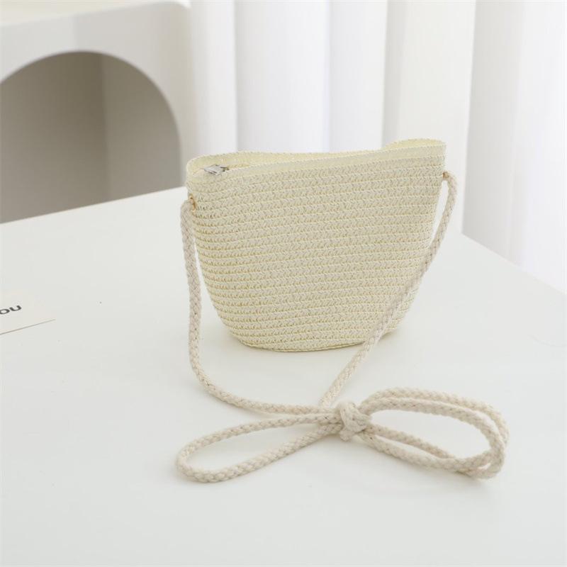 Summer Solid Color Straw Bag Shoulder Messenger Round Bag Children Versatile Outing Beach Bag Light Board DIY Round Weaving