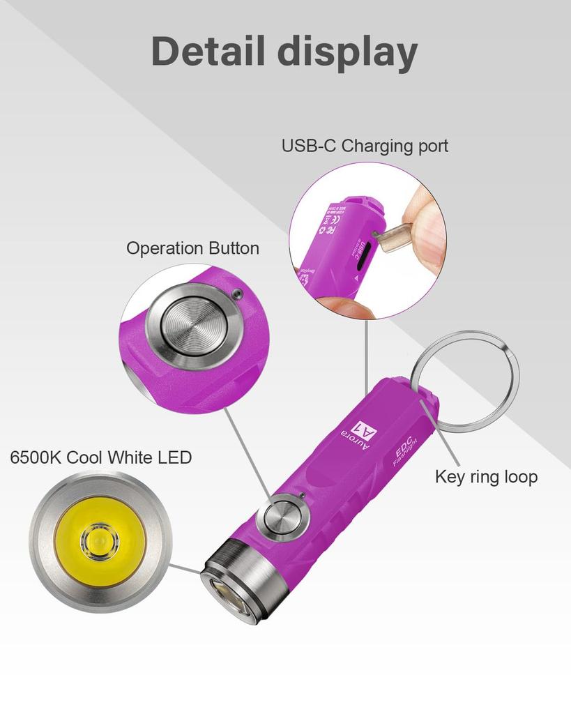 RovyVon Aurora a1 4th Generation USB C Rechargeable Keychain 650 Lumens Compact EDC Flashlight for and Everyday Use Light, Ultra-Bright Camping,
