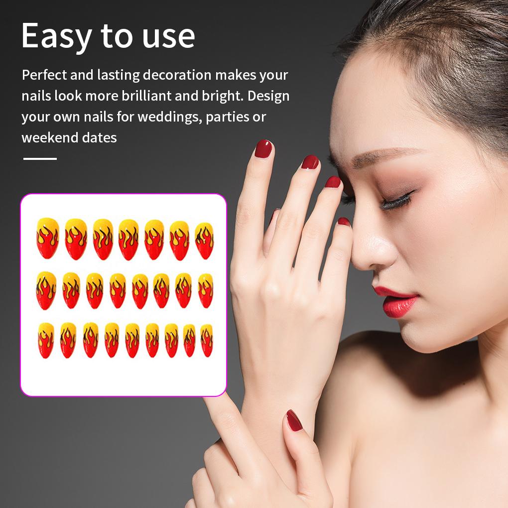 24 Pcs Fake Nails Flame Pattern Acrylic False Nails Set with Glue Women