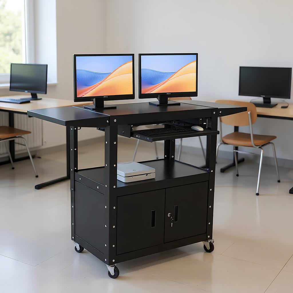 Large AV Cart with Locking Cabinet Rolling Media Cart with Pullout Keyboard Tray & Cord Management for Computer Laptop Projector