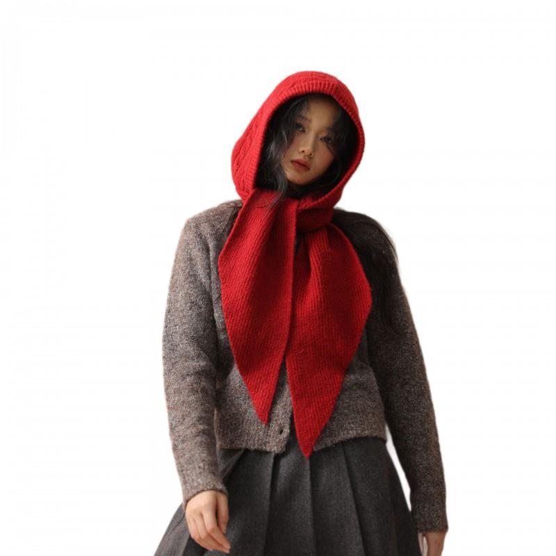 Koreanischer Stil Gestrickte Sturmhaube mit Schal Damen Winter Warm Ohrenschützer Mütze in Schwarz Mokka Grau Blau Weiß Rot