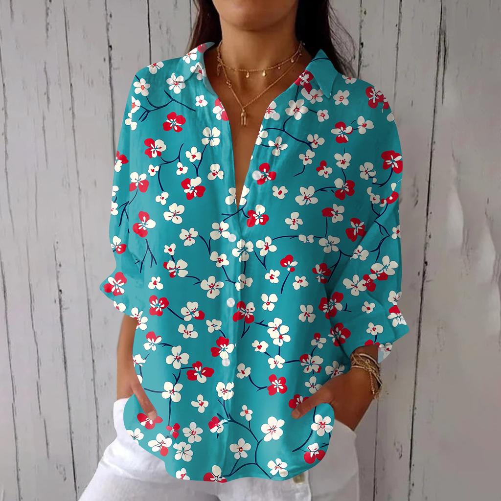 Mode Femme Chemise Décontractée à Revers à Sept Manches avec Lien au Dos T-shirt Imprimé Haut