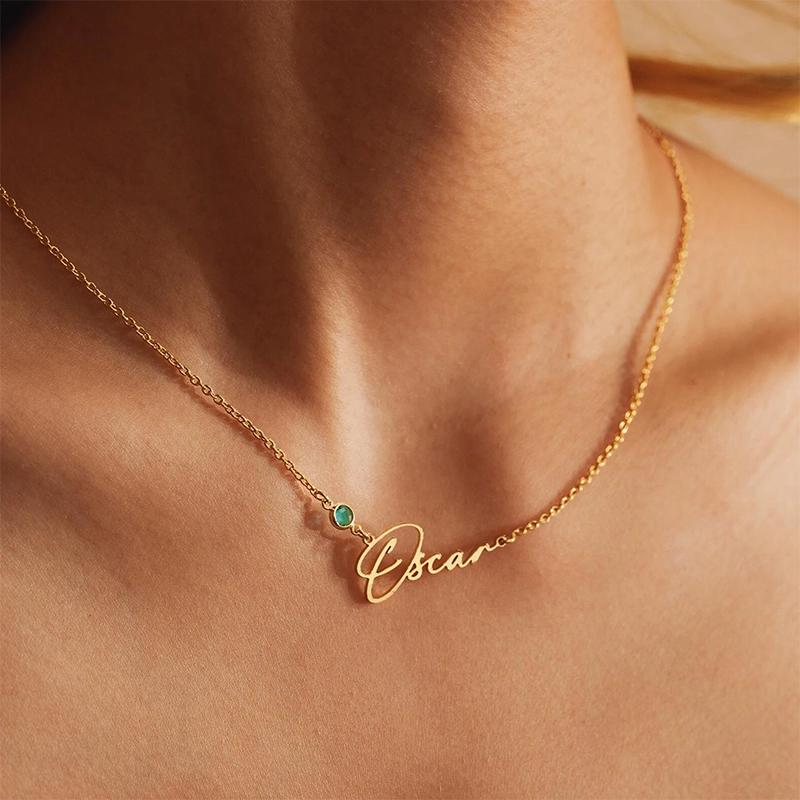 New North Personalised Custom Name Necklace Stainless Steel Jewelry Green Zircon Charm Customized Name Pendant Necklace Women