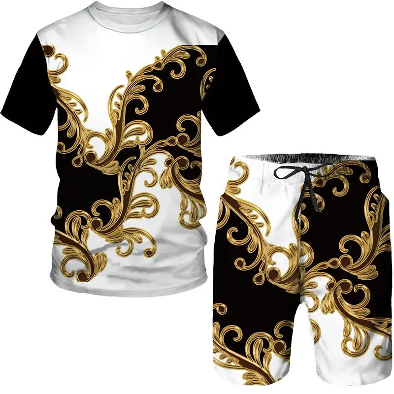 Summer Men's Luxury Golden Pattern T-Shirts/Shorts/Sets Vintage 3D Printed Two Piece Suit Fashion Jogger Male Streetwear Clothes