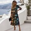 Womens Casual Fashion V Neck Midi Dress Three Quarter Sleeve Back Zipper Halloween Print Dress