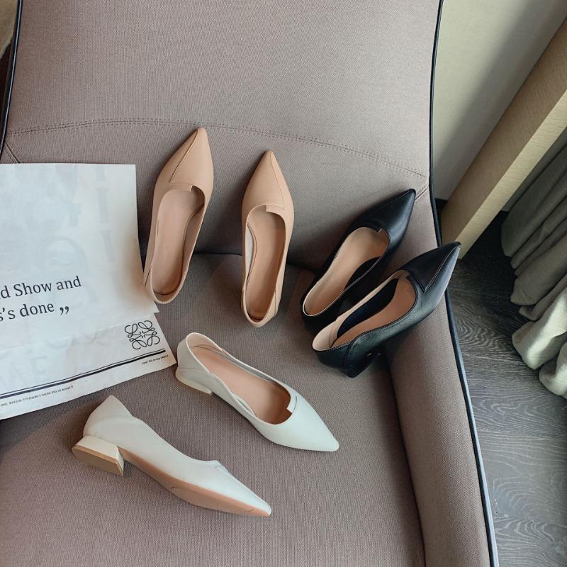 99-Pointed Leather Soft Sole Thick Heel Low Heel Shoes Women's Low Heel Two Wear Single Shoes Women's Fashion