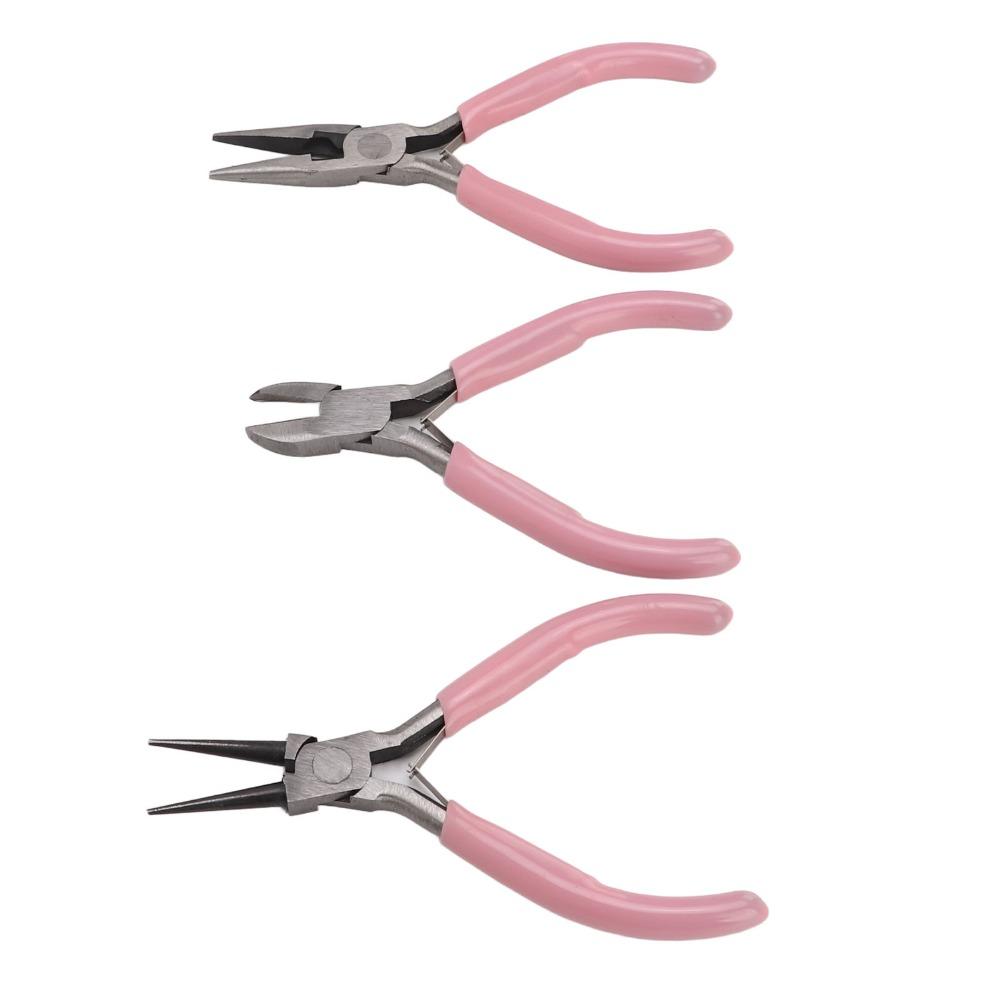 3pcs Clamp Pink Jewelry Pliers Round Nose Needle Nose Pliers Set Diagonal Nose Carbon Steel DIY Tools Jewelry Making