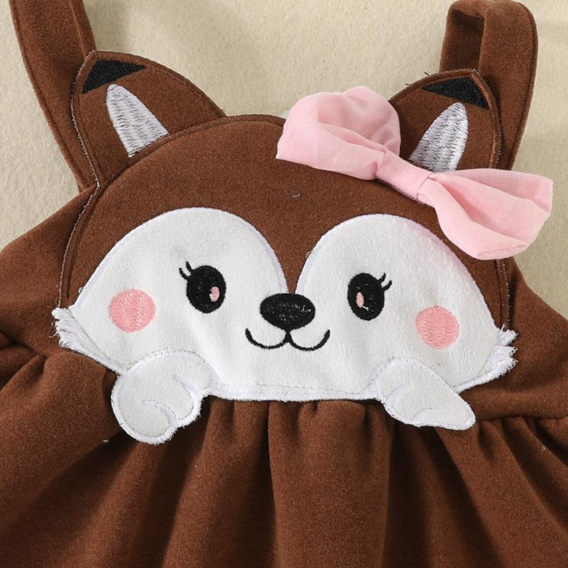 Säuglingsbaby, süßer Cartoon-Fuchs-Stil, Anzug, Kleid, Strampler, Hosenträgerkleid und Stirnband, 3-teilig