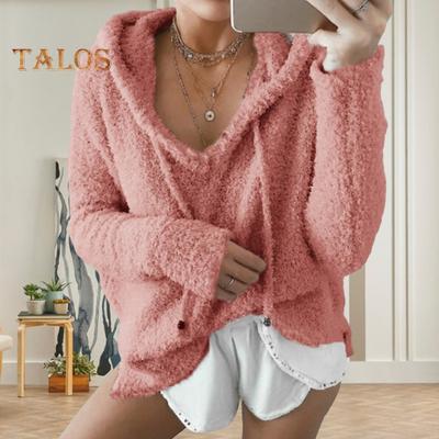 Auutmn Winter Women Hoodie Drawstring Hooded Thick Fuzzy Long Sleeves Solid Color Loose Heat Retention Pullover Casual Wear Sport Top