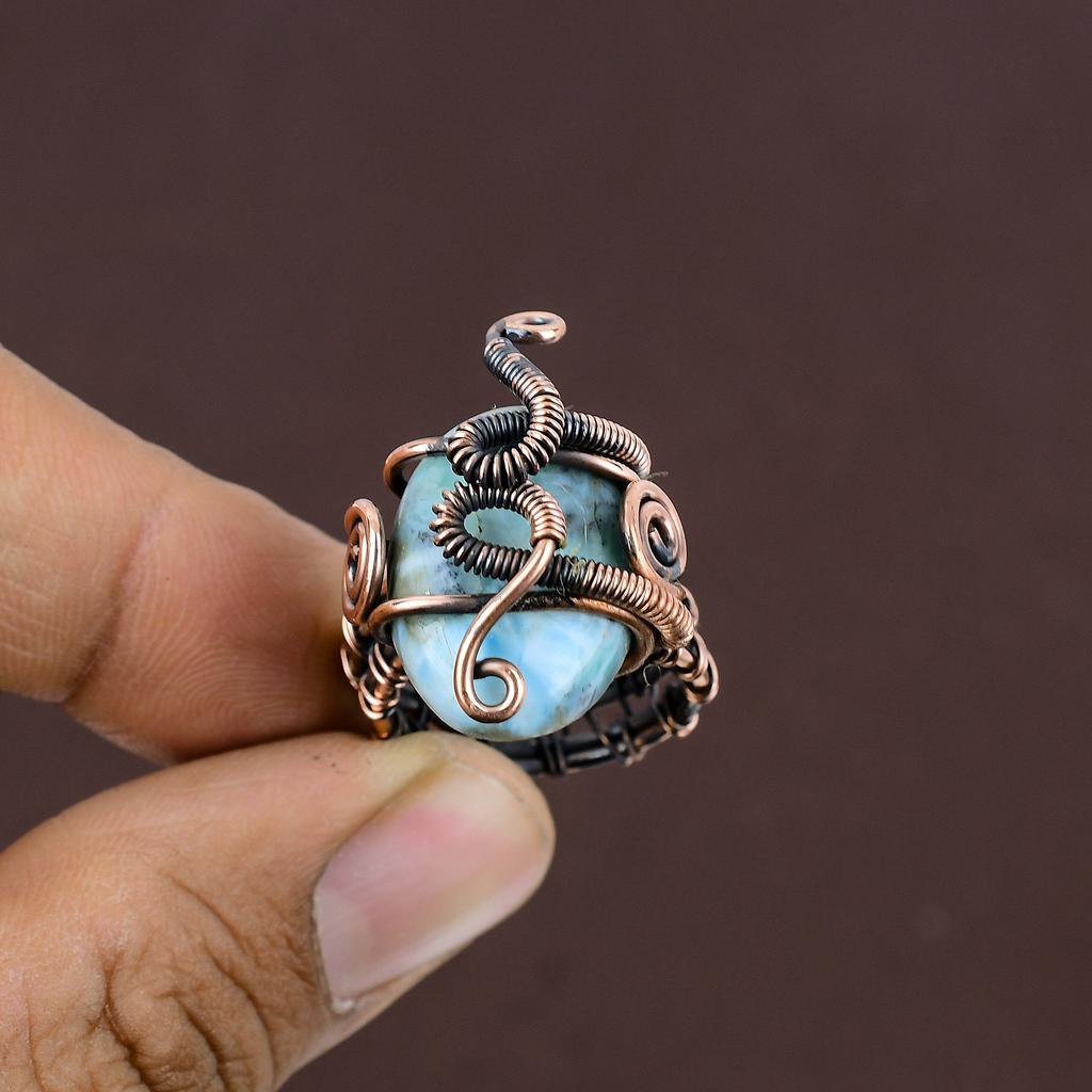 Natural Republic Larimar Gemstone Handmade Copper Wire Wrap Ring Size 7 T0d49