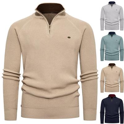 Men's Vertical Pitted-Stripe Knitted Sweater With Half-Zip Stand Collar