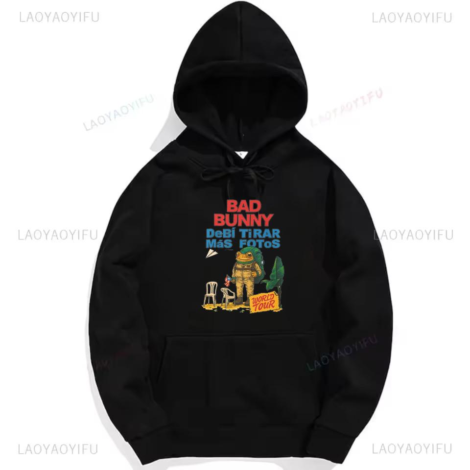 Bad Bunny Debi Tirar Mas Fotos Frog Graphic Sweatshirt Fashion Hip-hop Hoodie Woman Man Black Puerto Rico Drop Shoulder Pullover