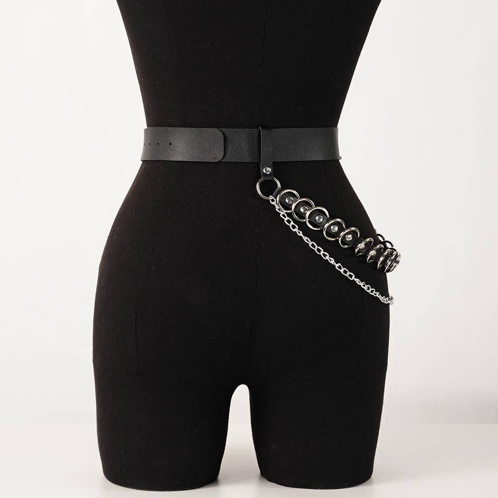 Black Faux Leather Belt with Chain and Ring Detail | Trendy Women's Fashion Accessory | Perfect for Dresses, Jeans, and Skirts