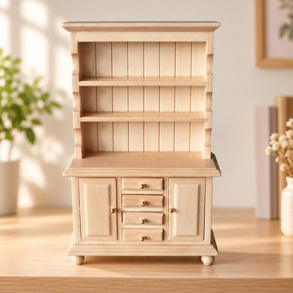 1:12 Scale Wooden Dollhouse Cabinet Detailed Miniature Display with Shelves and Drawers