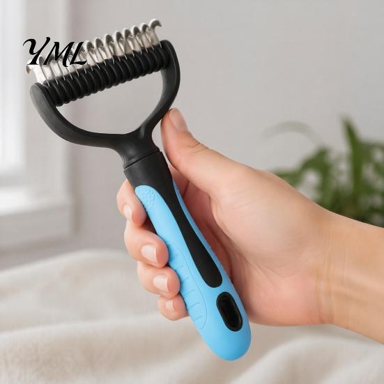 Dematting Comb for Dogs And Cats Double-Sided Pet Grooming Brush, Stainless Steel Cat Undercoat Rake, with Hair Remover Mats Non-Slip Handle