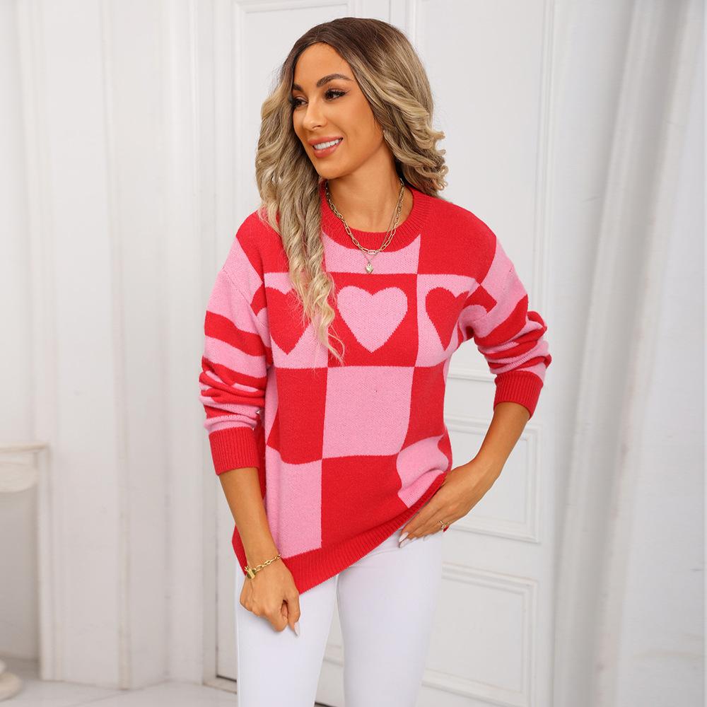 

Пуловер с цветными блоками в клетку в форме сердца, вязаный топ большого размера на День святого Валентина XL красный