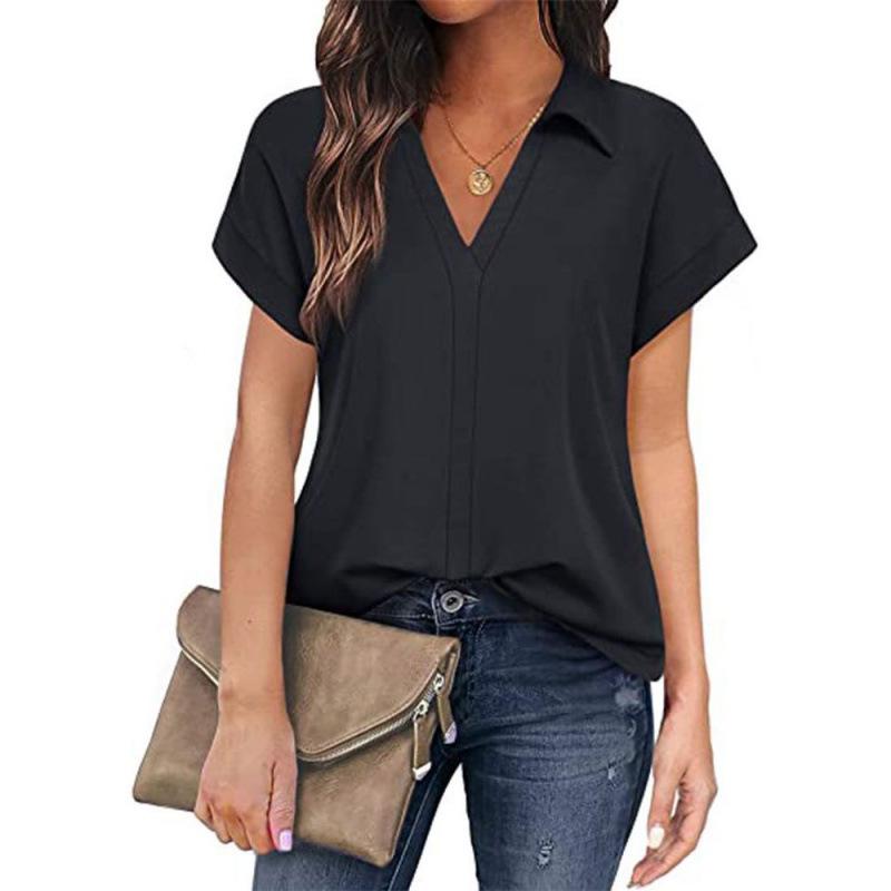 Women's Casual Black Short-Sleeve Shirt - Versatile Solid Color for Business or Leisure