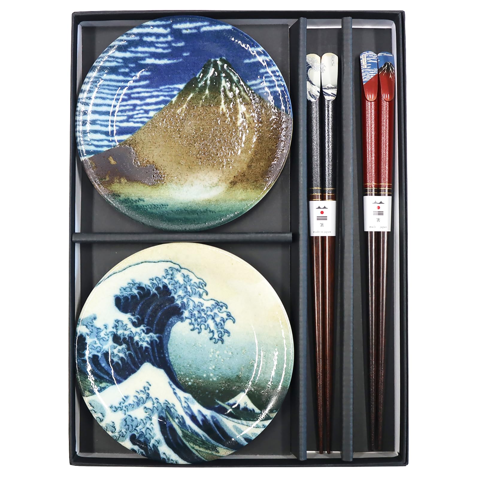 

Yamakatsu Mino Pottery Katsushika Hokusai Views of Mount Pair Small Plates and Chopsticks Gift Set 12 x 2 cm 23 Fine Clear The Great Wave off Red Wave