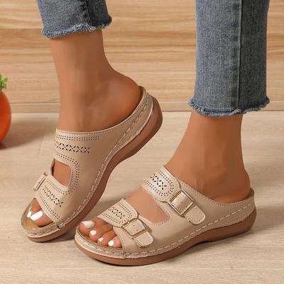 Mode Damen Sommer Schuhe mit geschlossener Zehe 2024 Neu Komfort Doppelschnalle Keilabsatz Damen Sandalen Übergröße Plateau Freizeit Pantoletten Damen