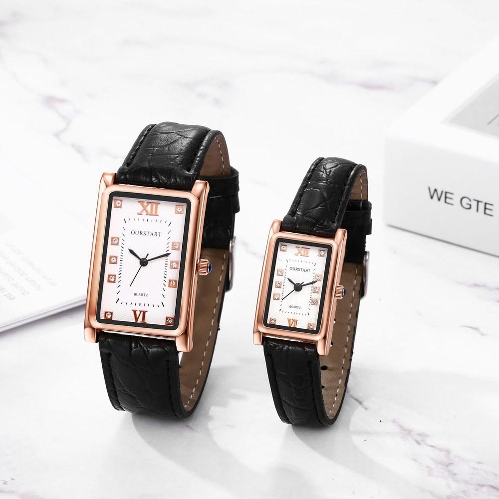 Jewelerywe Pair Couple Watch Roman Numerals Analog Display Leather Belt Waterproof Quartz Black Men Women Fashion Gift Birthday Anniversary Christmas