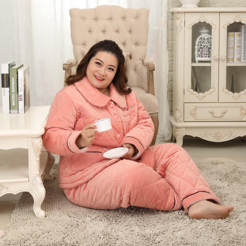Mei Ji Yun Women's Plus Size Quilted Flannel Pajama Set - Cozy Three-Layer Design for Home Wear