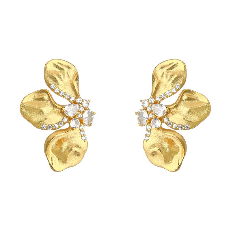 18K Gold Mattierte Blume Zirkonia Ohrringe - Französischer Retro Eleganter Stil