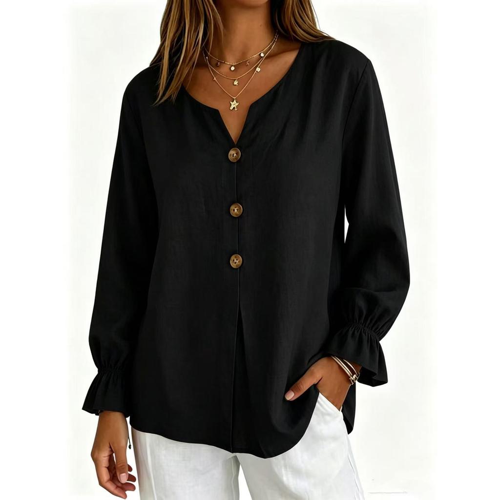 Women Button Long Sleeve Linen Cotton Blouse Casual Loose Fit Lightweight Breathable Top with Elastic Cuffs and Front Button Closure