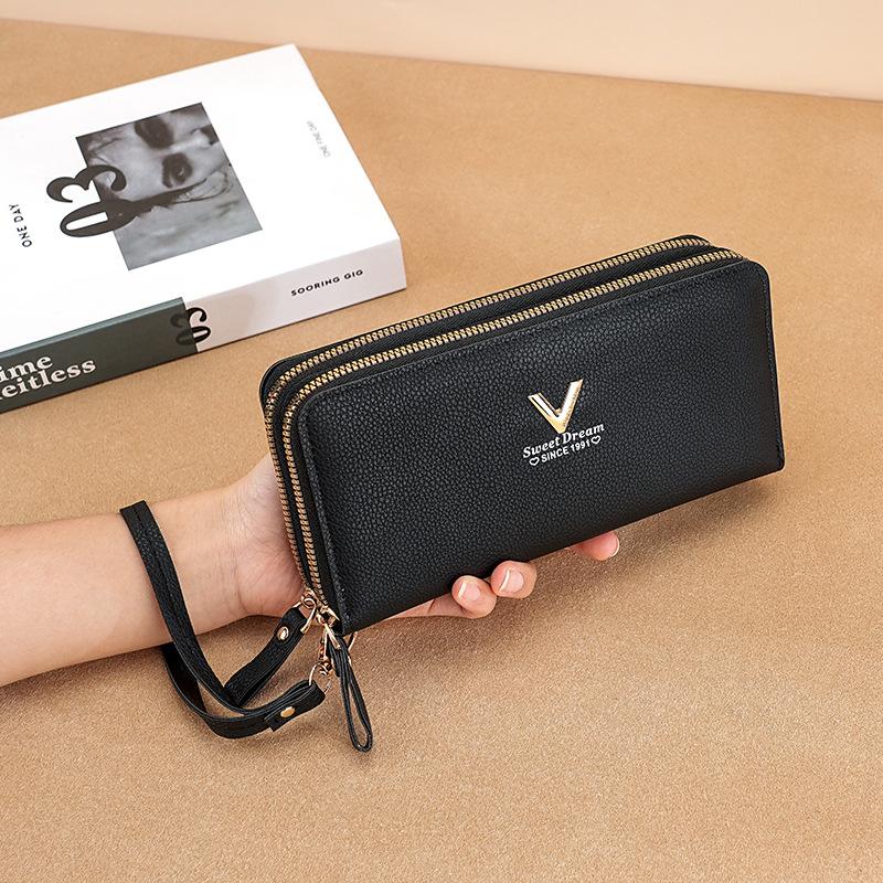 New wallet women's double zipper long clutch bag fashionable and simple lychee pattern large capacity double wallet mobile phone bag