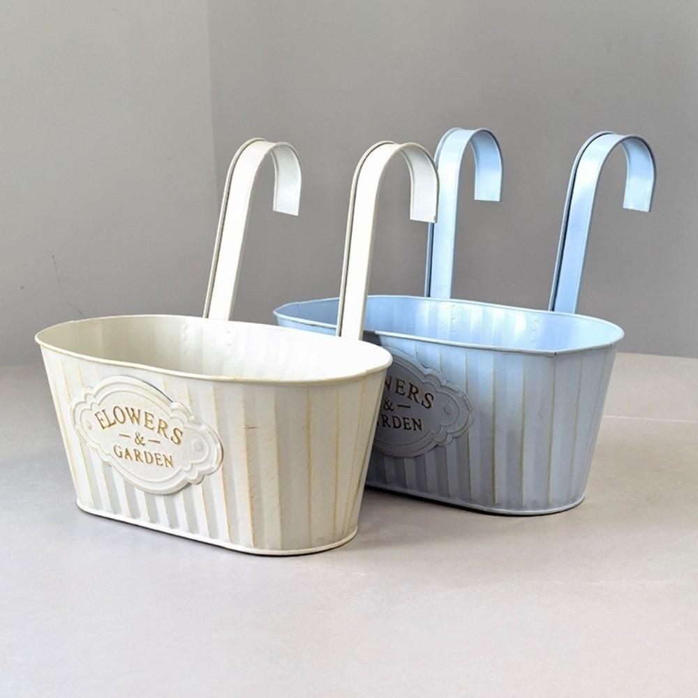 Drain Holes Over Fence Hanging Pots Dual Hooks Railing Planter Retro Metal Flower Pot Patio
