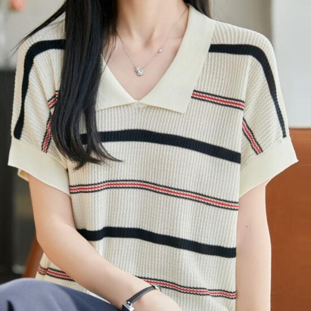 Navava Women Cool STriped Color Block ShorT Sleeve KniT T shirT Nk3683