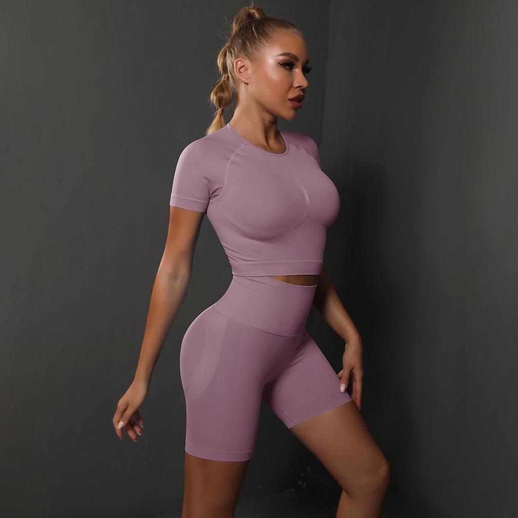 Seamless Peach Butt Solid Color Elastic Yoga Shorts & Short Sleeve Top Set