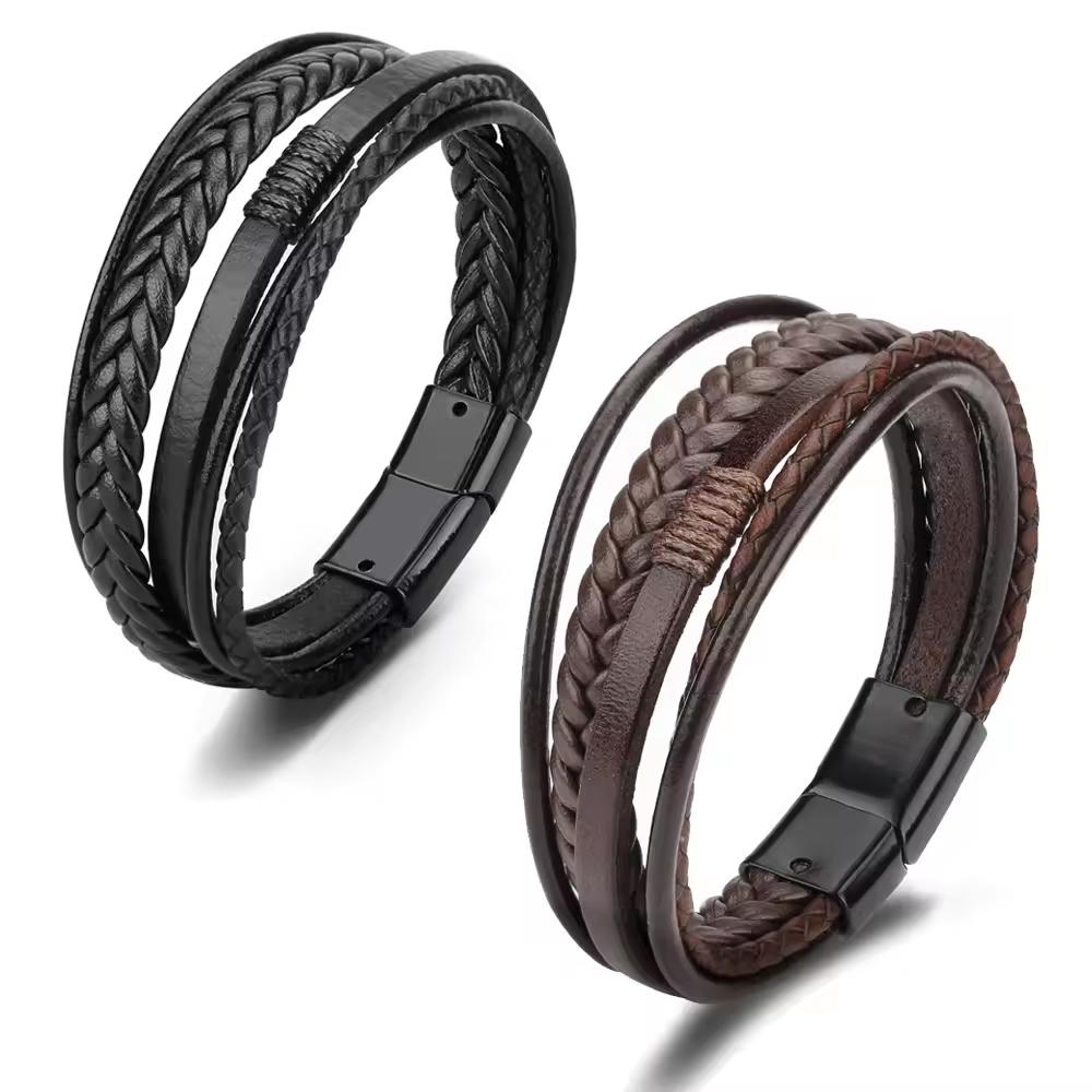 Pulseras Para Hombre Men Multi Layer Magnetic Clasp Custom Leather Wristband Braided Bracelets